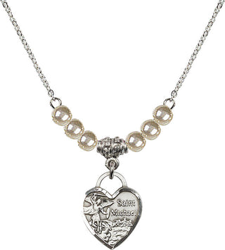 18" Rhodium Plated Necklace with 4mm Faux-Pearl Beads featuring a Sterling Silver Saint Michael Heart Medal. Engraved Catholic Saint Jewelry