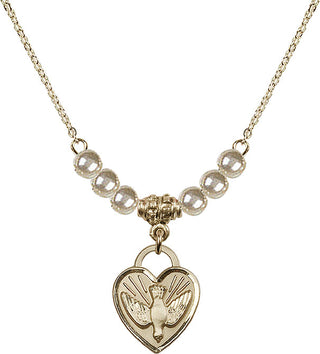 18" Hamilton Gold Plated Necklace with 4mm Faux-Pearl Beads featuring a 14kt Gold Filled Confirmation Heart Medal. Engraved Catholic Saint Jewelry