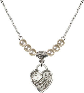 18" Rhodium Plated Necklace with 4mm Faux-Pearl Beads featuring a Sterling Silver Graduation Heart Medal. Engraved Catholic Saint Jewelry