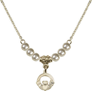 18" Hamilton Gold Plated Necklace with 4mm Faux-Pearl Beads featuring a 14kt Gold Filled Claddagh Medal.