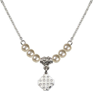 18" Rhodium Plated Necklace with 4mm Faux-Pearl Beads featuring a Sterling Silver Jerusalem Cross Medal.