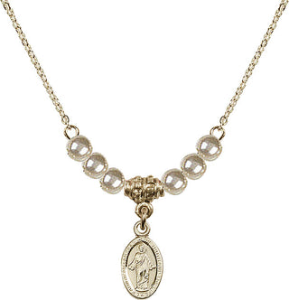 18" Hamilton Gold Plated Necklace with 4mm Faux-Pearl Beads featuring a 14kt Gold Filled Scapular Medal.