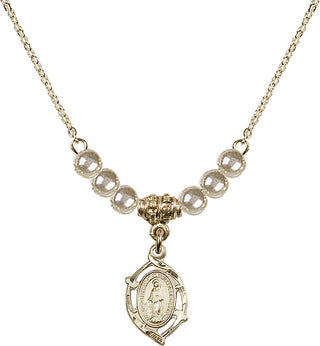 18" Hamilton Gold Plated Necklace with 4mm Faux-Pearl Beads featuring a 14kt Gold Filled Miraculous Medal.