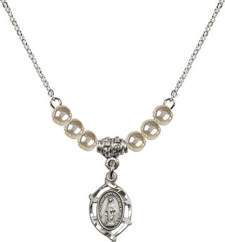 18" Rhodium Plated Necklace with 4mm Faux-Pearl Beads featuring a Sterling Silver Miraculous Medal.