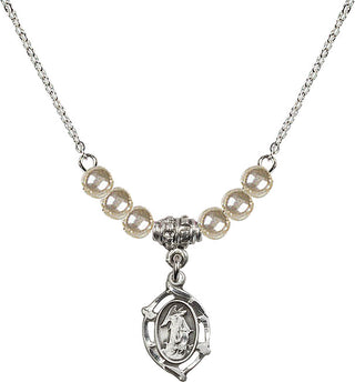 18" Rhodium Plated Necklace with 4mm Faux-Pearl Beads featuring a Sterling Silver Guardian Angel Medal.