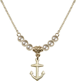 18" Hamilton Gold Plated Necklace with 4mm Faux-Pearl Beads featuring a 14kt Gold Filled Anchor Medal.