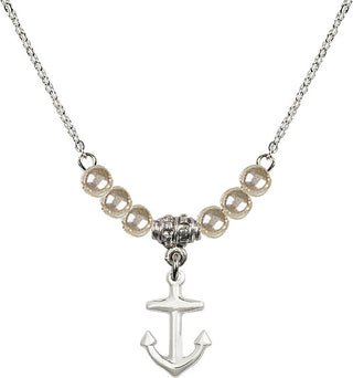 18" Rhodium Plated Necklace with 4mm Faux-Pearl Beads featuring a Sterling Silver Anchor Medal.