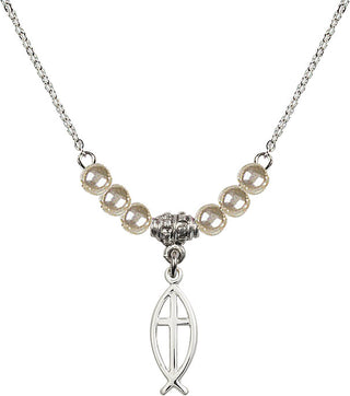 18" Rhodium Plated Necklace with 4mm Faux-Pearl Beads featuring a Sterling Silver Fish / Cross Medal.