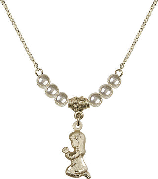 18" Hamilton Gold Plated Necklace with 4mm Faux-Pearl Beads featuring a 14kt Gold Filled Praying Girl Medal.