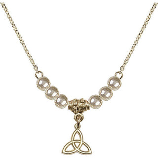 18" Hamilton Gold Plated Necklace with 4mm Faux-Pearl Beads featuring a 14kt Gold Filled Trinity Irish Knot Medal.