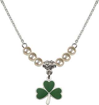 18" Rhodium Plated Necklace with 4mm Faux-Pearl Beads featuring a Sterling Silver Shamrock Medal.
