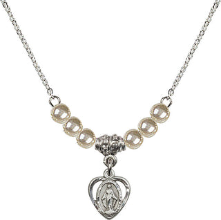18" Rhodium Plated Necklace with 4mm Faux-Pearl Beads featuring a Sterling Silver Miraculous Medal.