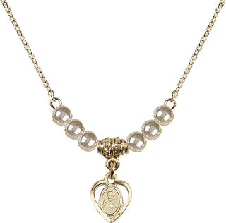 18" Hamilton Gold Plated Necklace with 4mm Faux-Pearl Beads featuring a 14kt Gold Filled Scapular Medal.