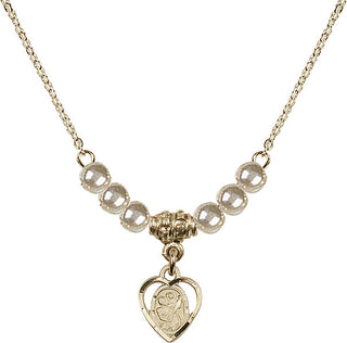 18" Hamilton Gold Plated Necklace with 4mm Faux-Pearl Beads featuring a 14kt Gold Filled Saint Christopher Medal. Engraved Catholic Saint Jewelry