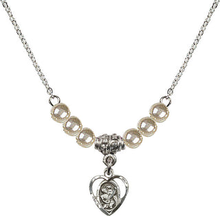 18" Rhodium Plated Necklace with 4mm Faux-Pearl Beads featuring a Sterling Silver Saint Christopher Medal. Engraved Catholic Saint Jewelry
