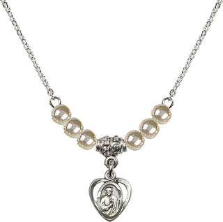 18" Rhodium Plated Necklace with 4mm Faux-Pearl Beads featuring a Sterling Silver Saint Jude Medal. Engraved Catholic Saint Jewelry