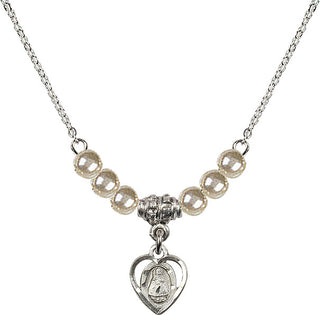 18" Rhodium Plated Necklace with 4mm Faux-Pearl Beads featuring a Sterling Silver Infant Medal. Engraved Catholic Saint Jewelry