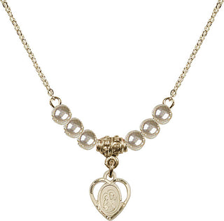 18" Hamilton Gold Plated Necklace with 4mm Faux-Pearl Beads featuring a 14kt Gold Filled Saint Ann Medal. Engraved Catholic Saint Jewelry