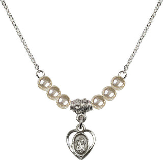 18" Rhodium Plated Necklace with 4mm Faux-Pearl Beads featuring a Sterling Silver Saint Ann Medal. Engraved Catholic Saint Jewelry