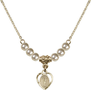 18" Hamilton Gold Plated Necklace with 4mm Faux-Pearl Beads featuring a 14kt Gold Filled Our Lady of Guadalupe Medal.