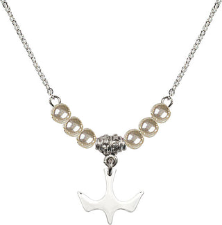 18" Rhodium Plated Necklace with 4mm Faux-Pearl Beads featuring a Sterling Silver Holy Spirit Medal.