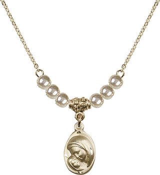 18" Hamilton Gold Plated Necklace with 4mm Faux-Pearl Beads featuring a 14kt Gold Filled Madonna & Child Medal.