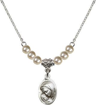 18" Rhodium Plated Necklace with 4mm Faux-Pearl Beads featuring a Sterling Silver Madonna & Child Medal.
