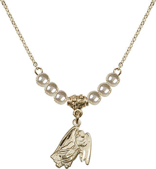 18" Hamilton Gold Plated Necklace with 4mm Faux-Pearl Beads featuring a 14kt Gold Filled Guardian Angel Medal.