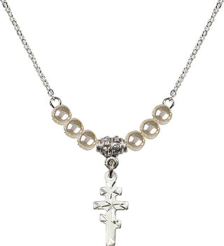18" Rhodium Plated Necklace with 4mm Faux-Pearl Beads featuring a Sterling Silver Greek Orthadox Cross Medal.