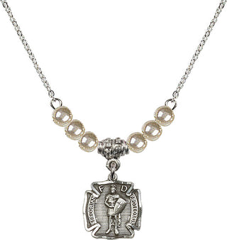 18" Rhodium Plated Necklace with 4mm Faux-Pearl Beads featuring a Sterling Silver Saint Florian Medal. Engraved Catholic Saint Jewelry