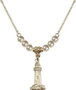 18" Hamilton Gold Plated Necklace with 4mm Faux-Pearl Beads featuring a 14kt Gold Filled Lighthouse Medal.