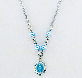 4mm Blue Finest Austrian Crystal Pearls | Sterling Silver Blue Enamel Miraculous Pendant 18-inch Chain