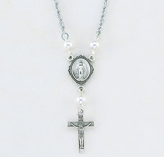 4mm White Finest Austrian Crystal Pearl Pendant | Sterling Silver Miraculous Medal and Crucifix 18-inch Chain