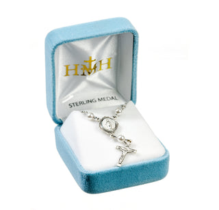 4mm White Finest Austrian Crystal Pearl Pendant | Sterling Silver Miraculous Medal and Crucifix 18-inch Chain