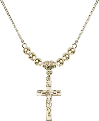 18" Hamilton Gold Plated Necklace with 4mm 14kt Gold Filled Beads featuring a 14kt Gold Filled Crucifix Medal.