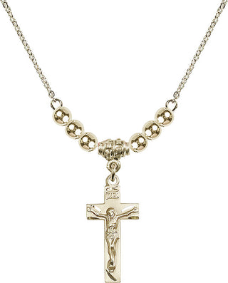18" Hamilton Gold Plated Necklace with 4mm 14kt Gold Filled Beads featuring a 14kt Gold Filled Crucifix Medal.