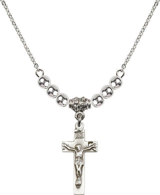 18" Rhodium Plated Necklace with 4mm Sterling Silver Beads featuring a Sterling Silver Crucifix Medal.