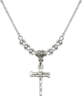18" Rhodium Plated Necklace with 4mm Sterling Silver Beads featuring a Sterling Silver Nail Cross Medal.