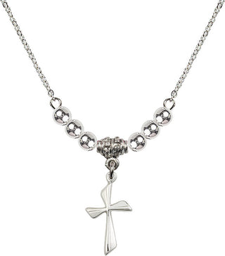 18" Rhodium Plated Necklace with 4mm Sterling Silver Beads featuring a Sterling Silver Cross Medal.