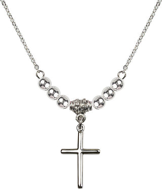 18" Rhodium Plated Necklace with 4mm Sterling Silver Beads featuring a Sterling Silver Cross Medal.