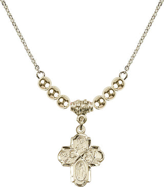 18" Hamilton Gold Plated Necklace with 4mm 14kt Gold Filled Beads featuring a 14kt Gold Filled 4-Way Medal.