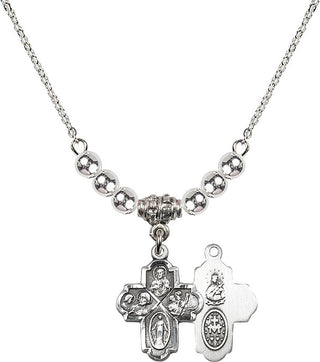 18" Rhodium Plated Necklace with 4mm Sterling Silver Beads featuring a Sterling Silver 4-Way Medal.