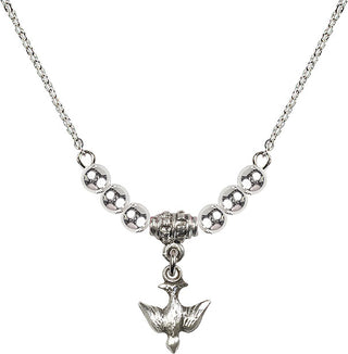 18" Rhodium Plated Necklace with 4mm Sterling Silver Beads featuring a Sterling Silver Holy Spirit Medal.