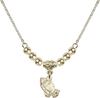 18" Hamilton Gold Plated Necklace with 4mm 14kt Gold Filled Beads featuring a 14kt Gold Filled Praying Hands Medal.