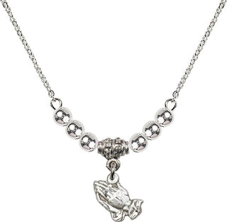 18" Rhodium Plated Necklace with 4mm Sterling Silver Beads featuring a Sterling Silver Praying Hands Medal.
