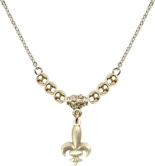 18" Hamilton Gold Plated Necklace with 4mm 14kt Gold Filled Beads featuring a 14kt Gold Filled Fleur de Lis Medal.