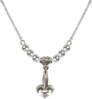 18" Rhodium Plated Necklace with 4mm Sterling Silver Beads featuring a Sterling Silver Fleur de Lis Medal.