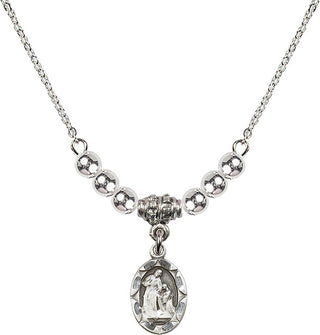18" Rhodium Plated Necklace with 4mm Sterling Silver Beads featuring a Sterling Silver Saint Ann Medal.
