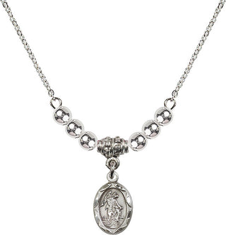 18" Rhodium Plated Necklace with 4mm Sterling Silver Beads featuring a Sterling Silver Guardian Angel Medal.