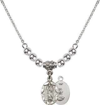 18" Rhodium Plated Necklace with 4mm Sterling Silver Beads featuring a Sterling Silver Our Lady of Guadalupe Medal.